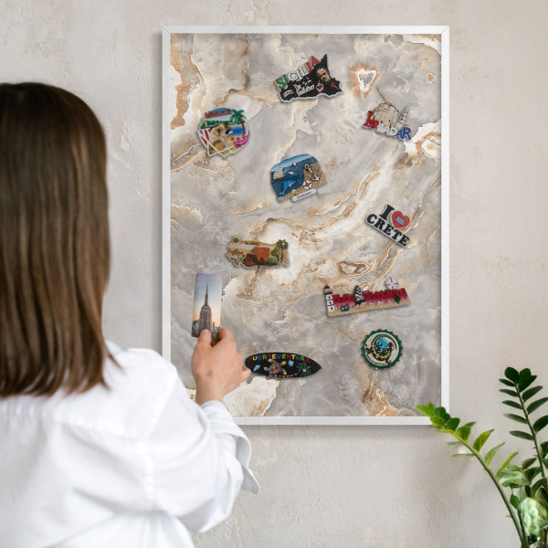 Magnetic board for travel magnets in a white frame Marble elegance