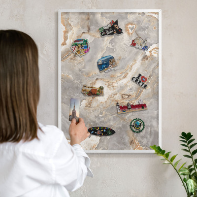 Magnetic board for travel magnets in a white frame Marble elegance