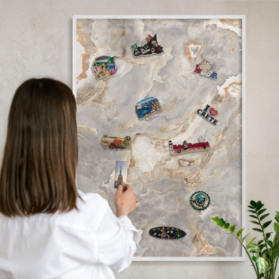 Magnetic board for travel magnets in a white frame Marble elegance