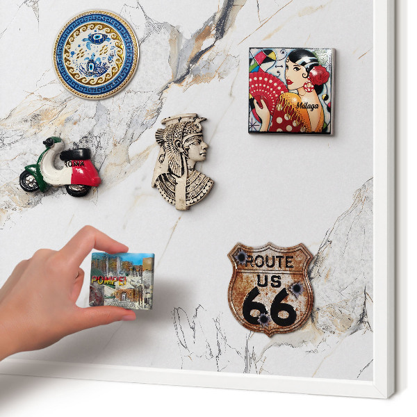 Magnetic board for travel magnets in a white frame Marble effect