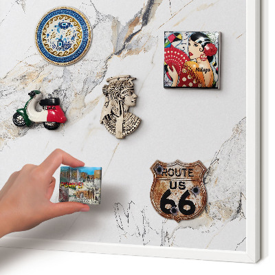 Magnetic board for travel magnets in a white frame Marble effect
