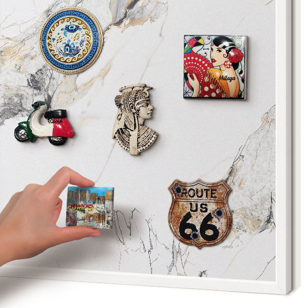 Magnetic board for travel magnets in a white frame Marble effect