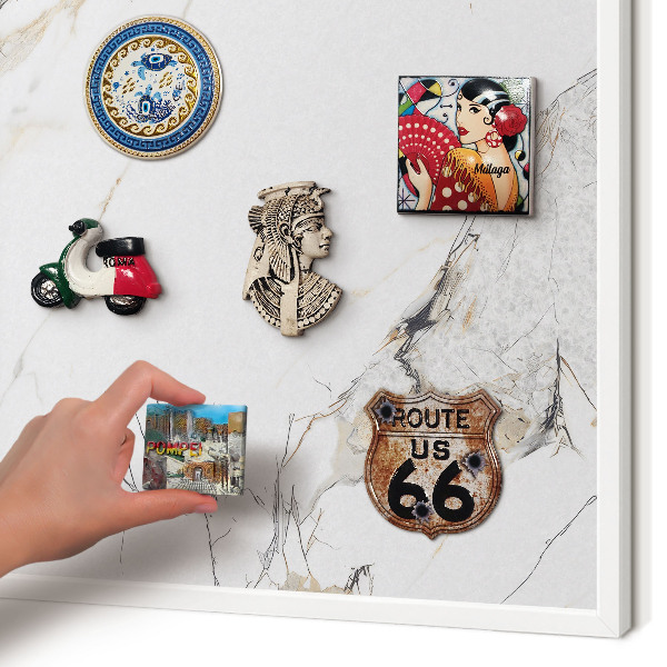Magnetic board for travel magnets in a white frame Marble effect