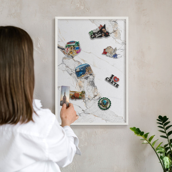 Magnetic board for travel magnets in a white frame Marble effect