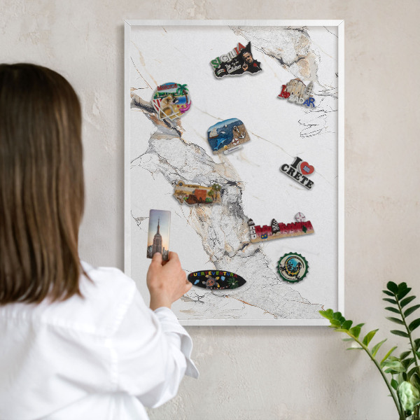 Magnetic board for travel magnets in a white frame Marble effect