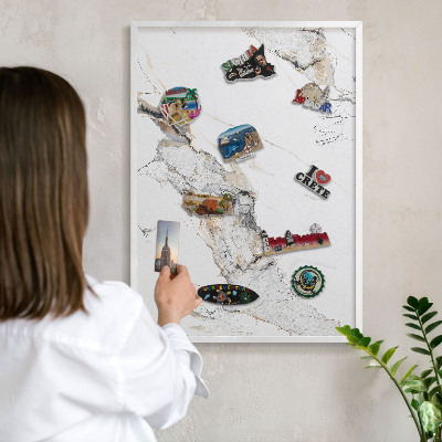 Magnetic board for travel magnets in a white frame Marble effect