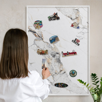 Magnetic board for travel magnets in a white frame Marble effect