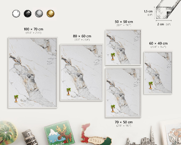 Magnetic board for travel magnets in a white frame Marble effect