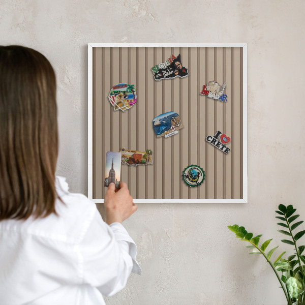 Magnetic board for travel magnets in a white frame Vertical stripes