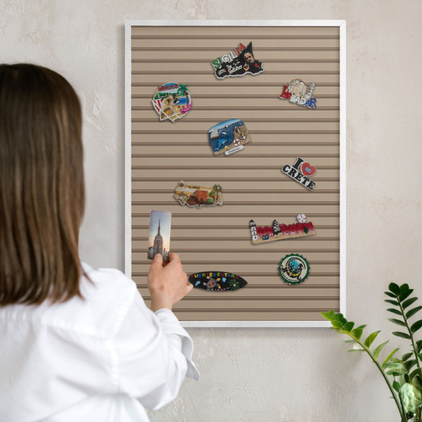 Magnetic board for travel magnets in a white frame Vertical stripes
