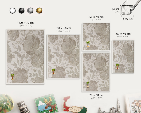 Magnetic board for travel magnets in a white frame Vintage flowers