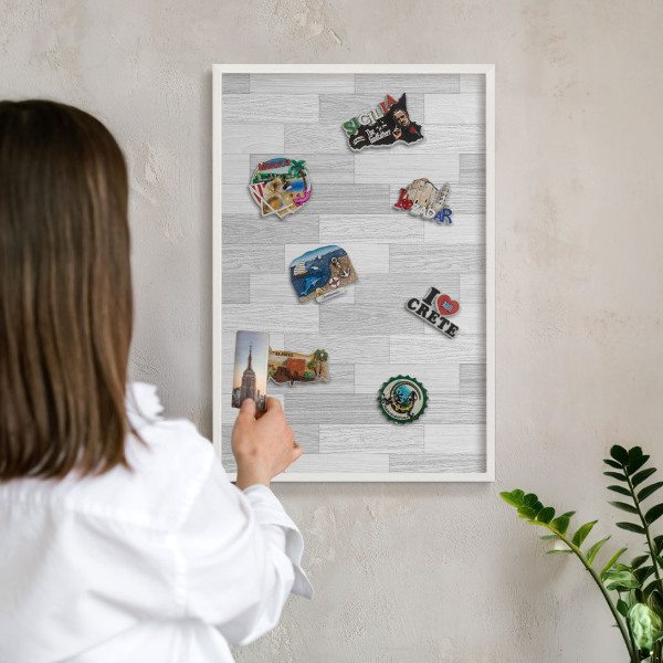 Decorative magnet board with a white frame Wooden texture
