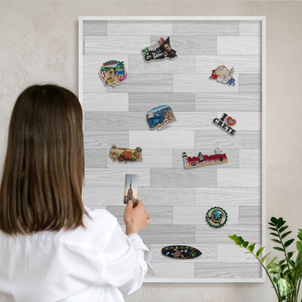 Decorative magnet board with a white frame Wooden texture