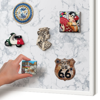 Magnetic board for travel magnets in a white frame Marble aesthetics