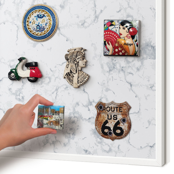 Magnetic board for travel magnets in a white frame Marble aesthetics