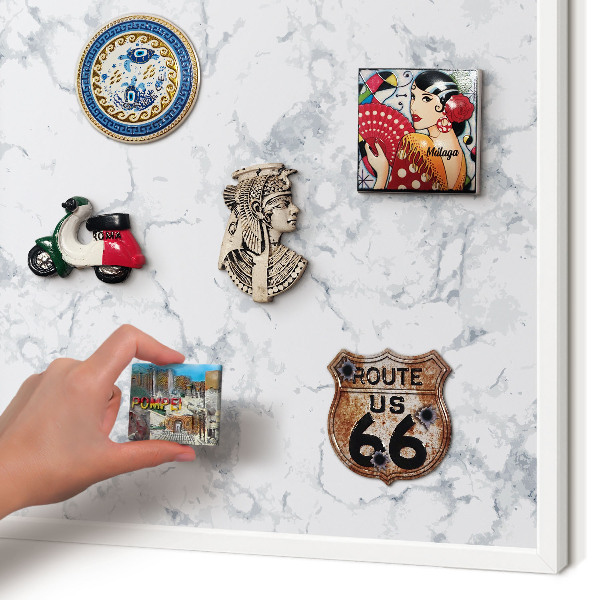Magnetic board for travel magnets in a white frame Marble aesthetics