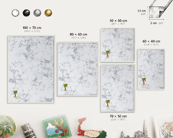 Magnetic board for travel magnets in a white frame Marble aesthetics