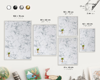 Magnetic board for travel magnets in a white frame Marble aesthetics