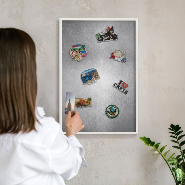 Decorative magnet board with a white frame Metallic surface