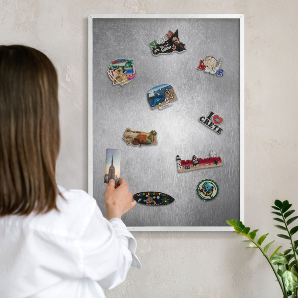 Decorative magnet board with a white frame Metallic surface