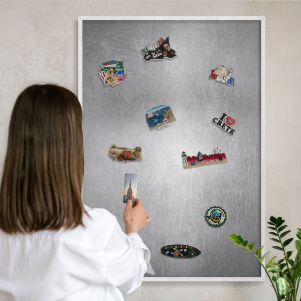 Decorative magnet board with a white frame Metallic surface