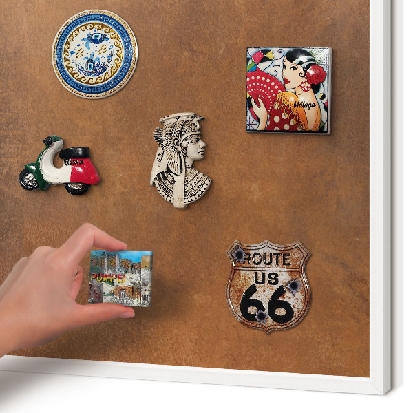 Magnetic board for travel magnets in a white frame Brown texture