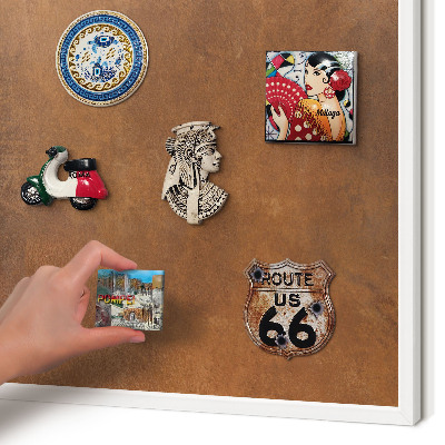 Magnetic board for travel magnets in a white frame Brown texture