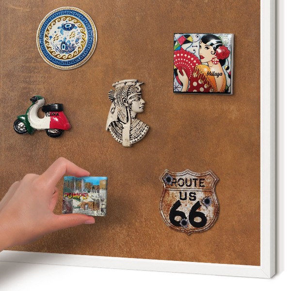 Magnetic board for travel magnets in a white frame Brown texture
