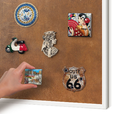 Magnetic board for travel magnets in a white frame Brown texture