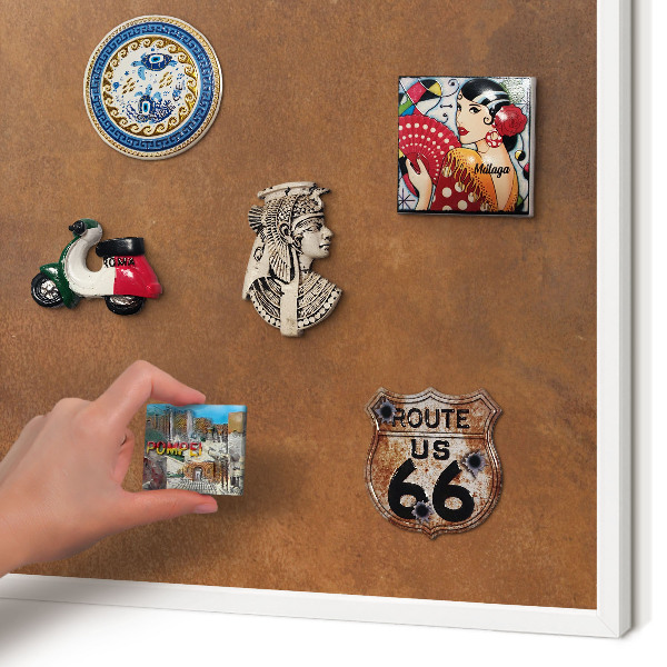 Magnetic board for travel magnets in a white frame Brown texture