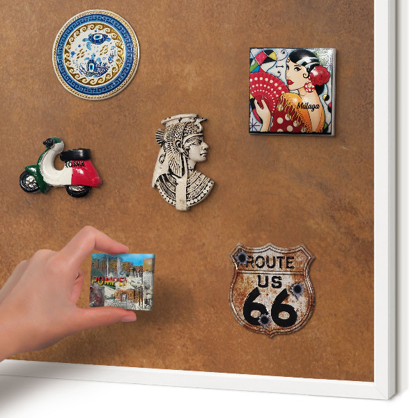 Magnetic board for travel magnets in a white frame Brown texture