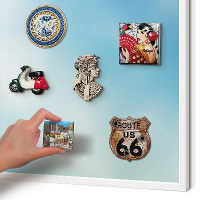 Magnetic board for travel magnets in a white frame Blue sky