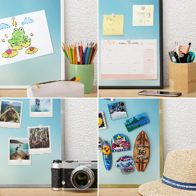 Magnetic board for travel magnets in a white frame Blue sky