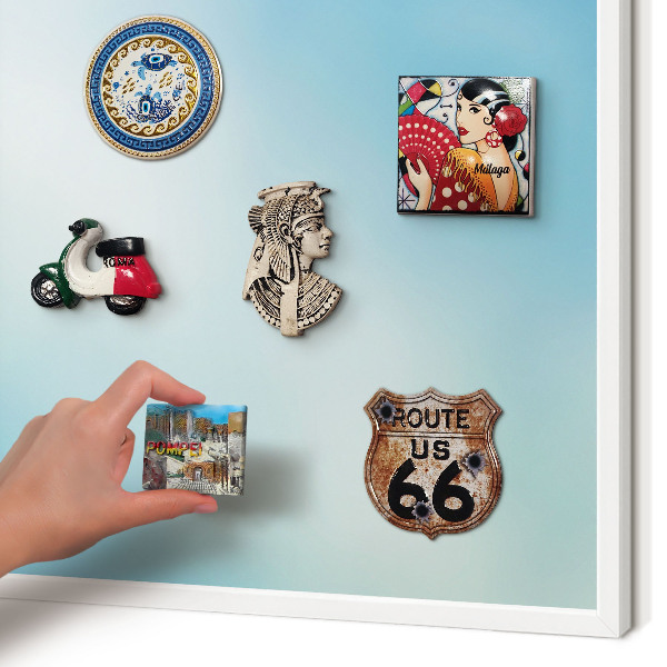 Magnetic board for travel magnets in a white frame Blue sky