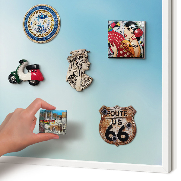 Magnetic board for travel magnets in a white frame Blue sky