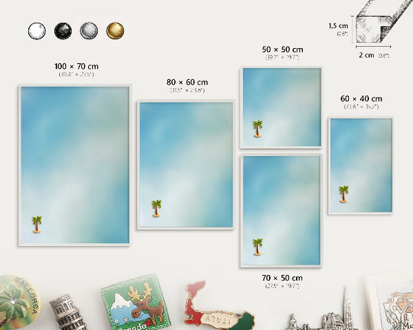 Magnetic board for travel magnets in a white frame Blue sky