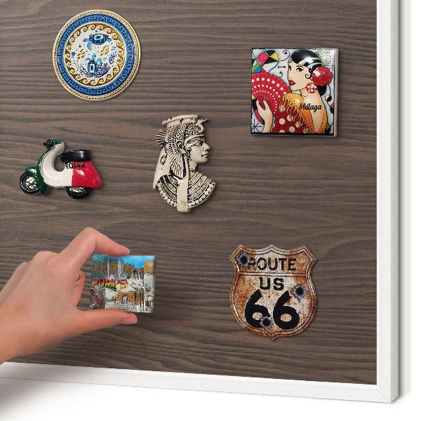 Magnetic board for travel magnets in a white frame Natural wood