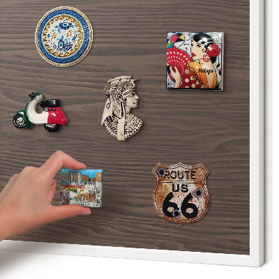 Magnetic board for travel magnets in a white frame Natural wood
