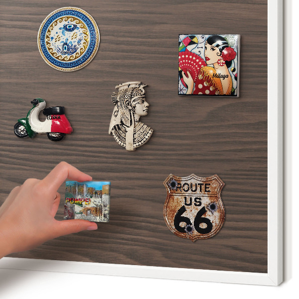 Magnetic board for travel magnets in a white frame Natural wood