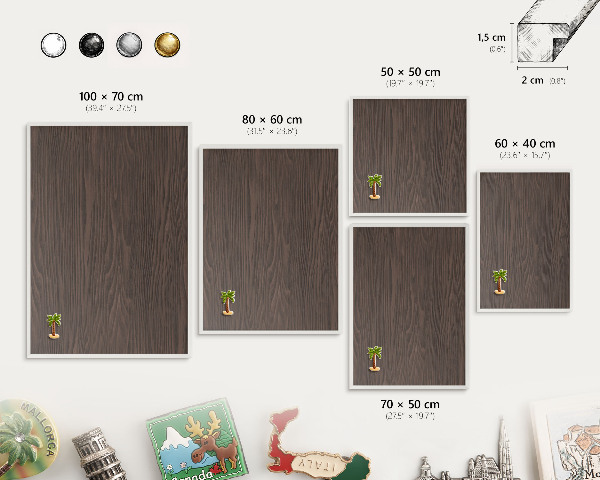 Magnetic board for travel magnets in a white frame Natural wood