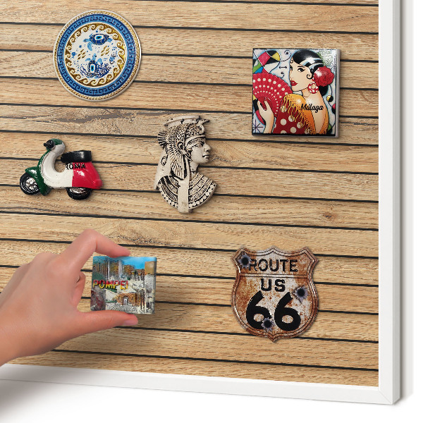 Decorative magnet board with a white frame Wooden boards