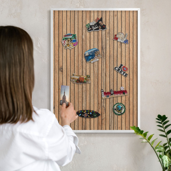 Decorative magnet board with a white frame Wooden boards
