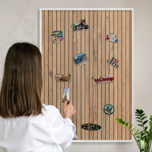 Decorative magnet board with a white frame Wooden boards