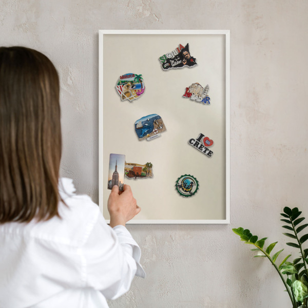 Magnetic board for travel magnets in a white frame Fog tone