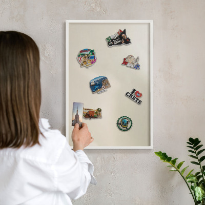 Magnetic board for travel magnets in a white frame Fog tone