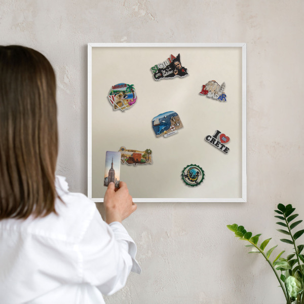 Magnetic board for travel magnets in a white frame Fog tone