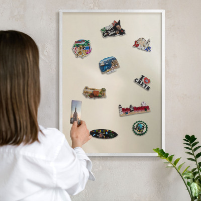 Magnetic board for travel magnets in a white frame Fog tone
