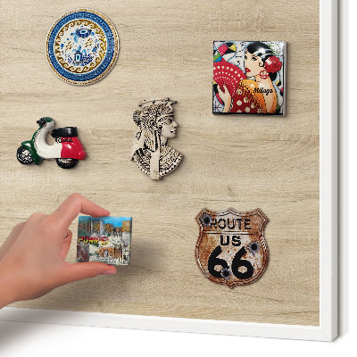 Decorative magnet board with a white frame Wooden background