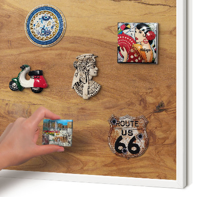 Magnetic board for travel magnets in a white frame Natural wood