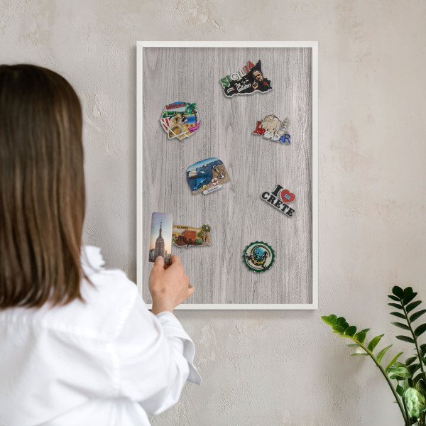 Decorative magnet board with a white frame Wooden texture